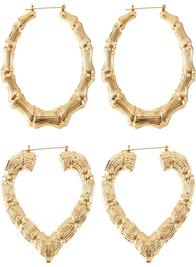 STSTR 2 Pairs Large Bamboo Earrings for Women, 2 Styles, Gold - Image 1