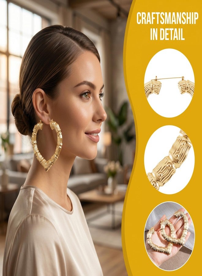 STSTR 2 Pairs Large Bamboo Earrings for Women, 2 Styles, Gold - Image 3