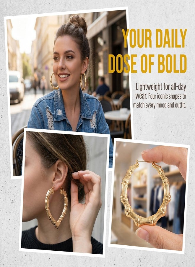 STSTR 2 Pairs Large Bamboo Earrings for Women, 2 Styles, Gold - Image 5