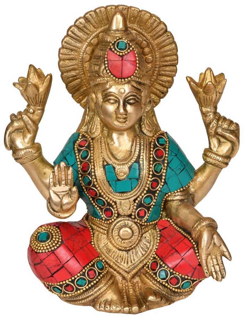 Aone India Brass Four-Armed Goddess Lakshmi Idol (6 Inch, Multicolour) - Image 4