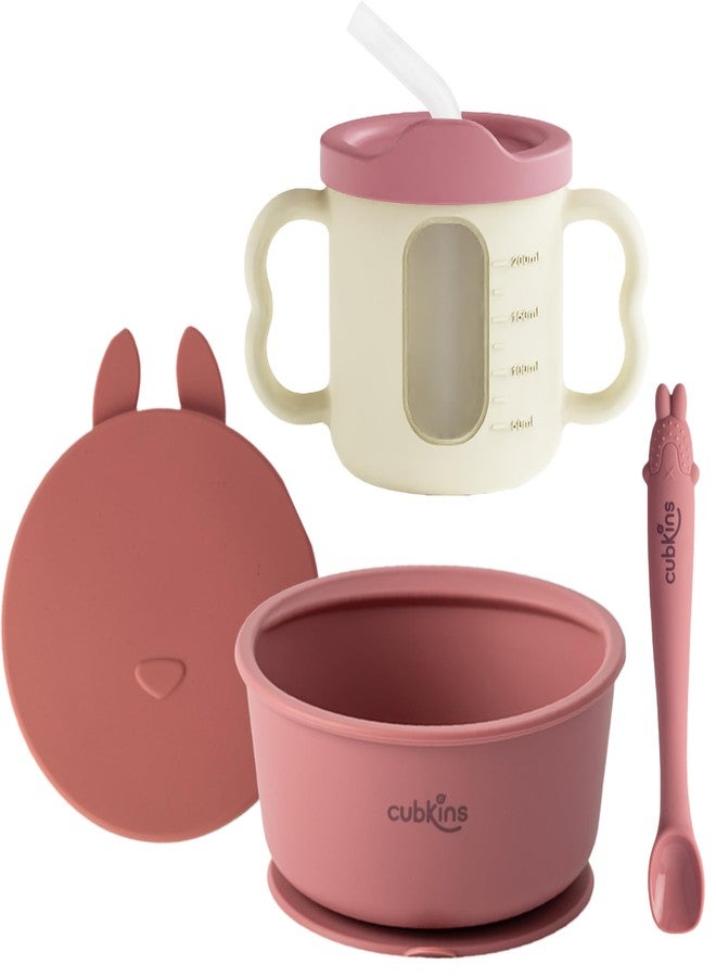 CUBKINS Silicone Suction Bowl with Lid, Sippy Cup with Straw & Bendable Training Spoon Set of 3 for Feeding Babies | BPA Free, Washable and Reusable Feeding Set for Kids, Toddlers (Raspberry) - Image 1