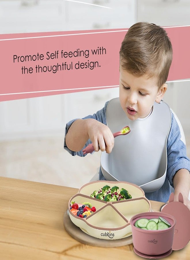 CUBKINS Silicone Suction Bowl with Lid, Sippy Cup with Straw & Bendable Training Spoon Set of 3 for Feeding Babies | BPA Free, Washable and Reusable Feeding Set for Kids, Toddlers (Raspberry) - Image 2