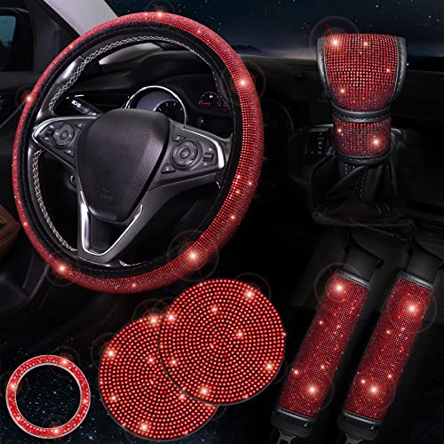ToBeQueen Red Bling Car Accessories Set of 7 PackCrystal Rhonestone Steering Wheel Cover Set for Women 15 inchSeat Belt CoverBling Gear Shift CoverPush Start Button Bling RingCar Cup CoasterRed