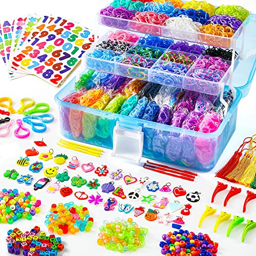INSCRAFT 17500 Rubber Loom Bands with 3 Layer Blue Container 28 Colors 600 SClips 352 Beads 40 Cartoon Pendant Bracelet Making Refill Kit for Kids - Image 1