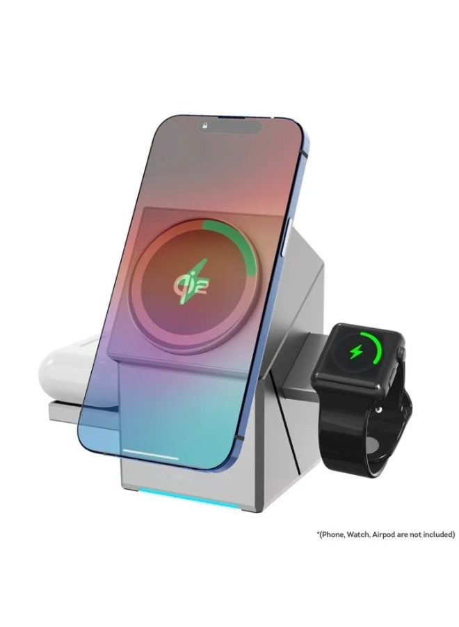 شاحن لاسلكي مغناطيسي Legend Pro 3 في 1 محطة شحن سريعة للهاتف والساعات وسماعات الأذن تصميم دوار تلقائي وقابل للظهور - Image 4