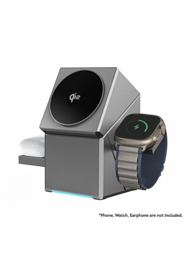 شاحن لاسلكي مغناطيسي Legend Pro 3 في 1 محطة شحن سريعة للهاتف والساعات وسماعات الأذن تصميم دوار تلقائي وقابل للظهور - Image 1