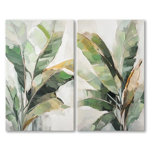 JolyWell Botanical Wall Art Set Hand Painted, for Living Room plant wall art,Green Tropical Plant Leaf Wall Decor, Modern Banana Leaf Wall Painting, for Bedroom, Dining Room, Office - 12x20 Inch 2pack - Image 1