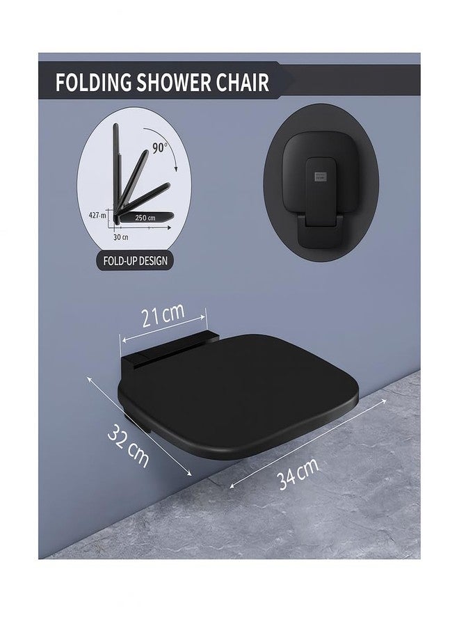 BATH GURU Wall-Mounted Folding Shower Chair for Bathroom - Heavy-Duty Shower Seat for Seniors, Disabled, Pregnant Women | Space-Saving Foldable Wall Chair, Non-Slip Design, High Load Capacity (Black) - Image 2