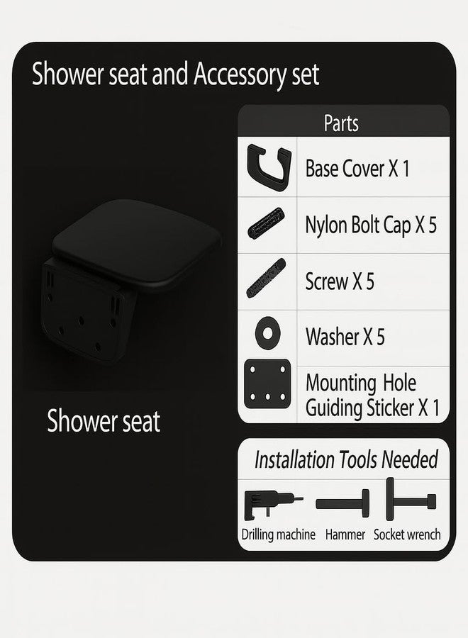 BATH GURU Wall-Mounted Folding Shower Chair for Bathroom - Heavy-Duty Shower Seat for Seniors, Disabled, Pregnant Women | Space-Saving Foldable Wall Chair, Non-Slip Design, High Load Capacity (Black) - Image 4