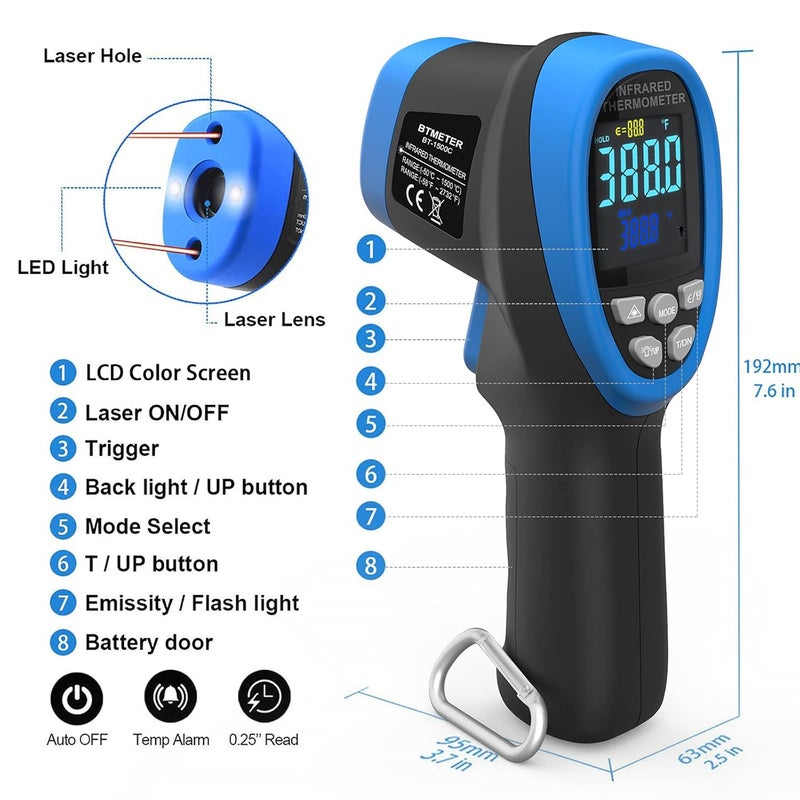 BTMETER BT-1500C Pyrometer Non Contact Laser Infrared Thermometer Measures -58℉ to 2732℉ (-50℃ ~ 1500℃) High Temp, IR Temperature Gauge with Color LCD (NOT for Human Temp) - Image 5