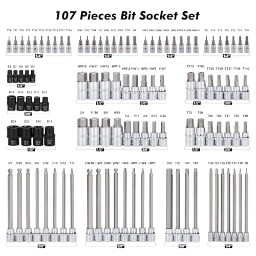 Mayouko 107-Piece Bit Socket Set, 1/4", 3/8" and 1/2" Drive, Torx/Hex/Ball End Hex, SAE/Metric, S2 Steel Bits - Image 3