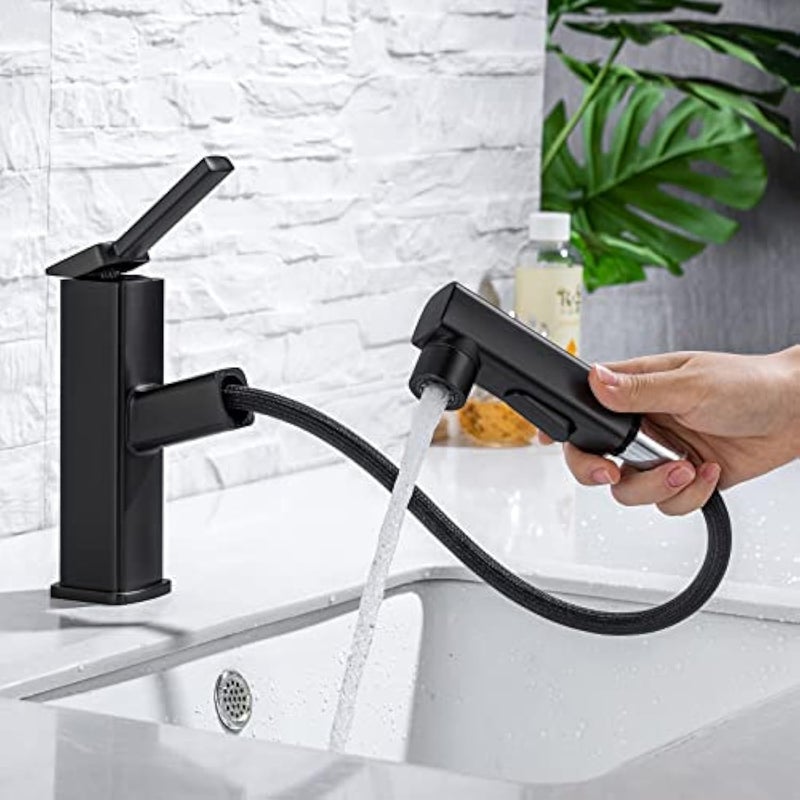 HANLIAN Single Hole Pull Out Faucet for Bathroom Sink Black Sink Faucet Bathroom One Handle Modern Restroom Tap with Pull Down Sprayer 3 Modes Washroom Pull Out Tap with Rotating Spout