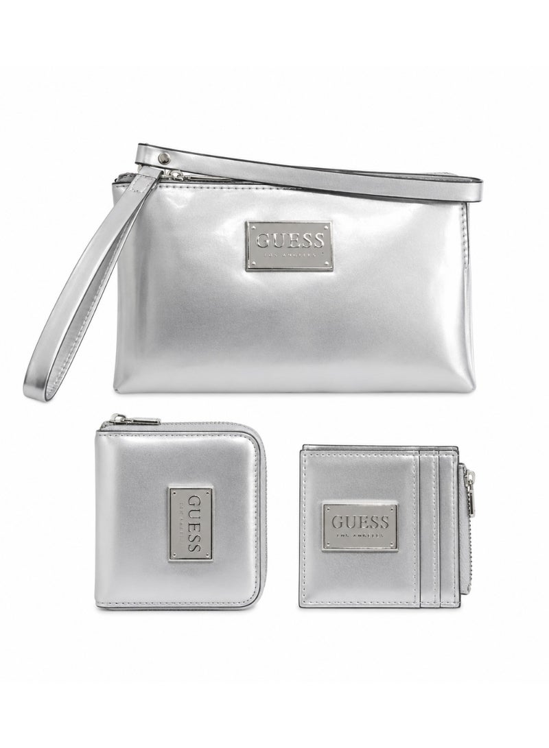 3-Piece Luxury Metallic Faux Leather Gift Set With L-Zip Wallet Zippered Card Holder And Wristlet Pouch Silver