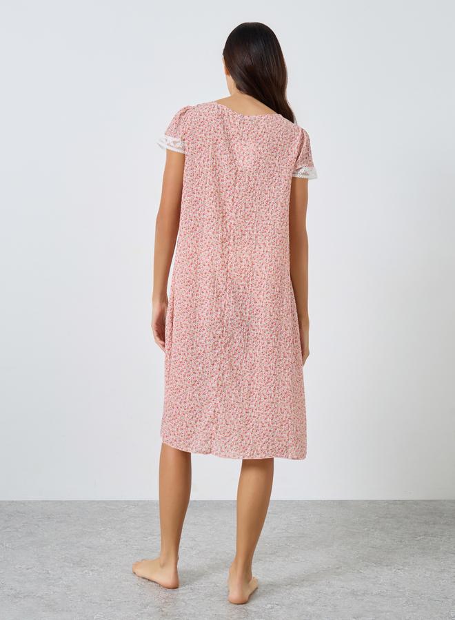 Styli Ditsy Floral Lace Trim Placket Nightdress - Image 4