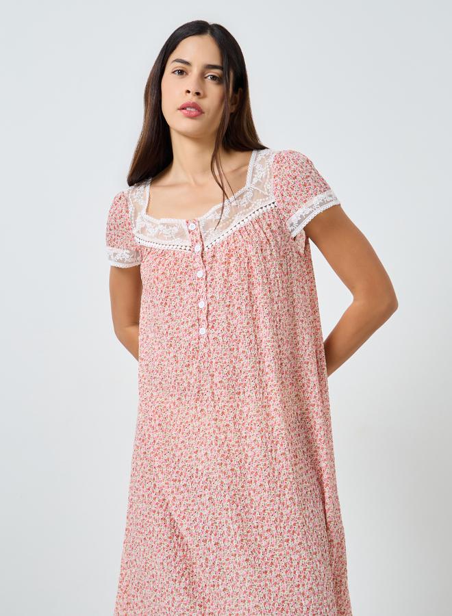 Styli Ditsy Floral Lace Trim Placket Nightdress - Image 1