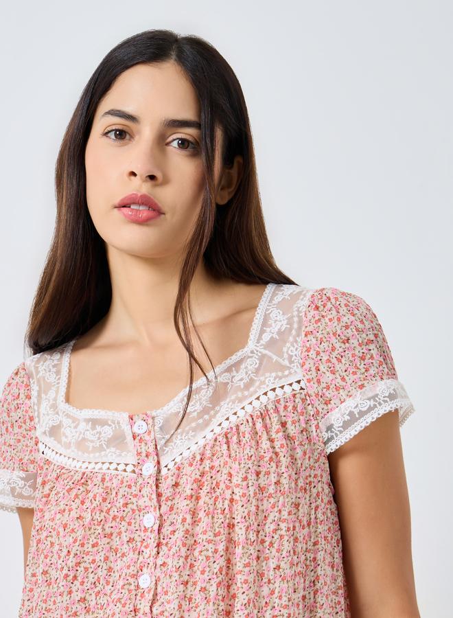 Styli Ditsy Floral Lace Trim Placket Nightdress - Image 3