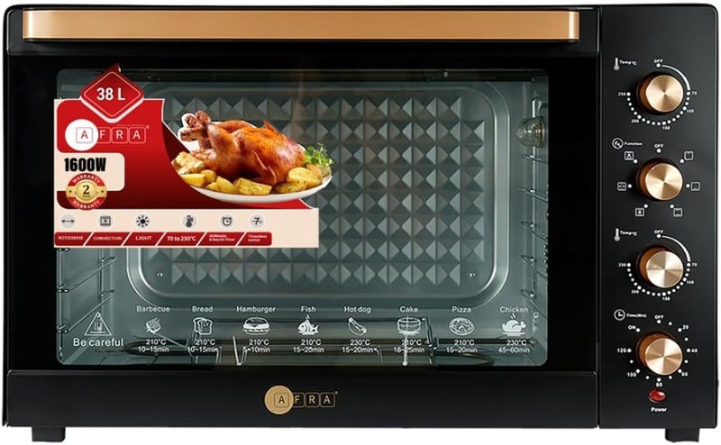 AFRA Electric Oven Toaster, 38L, 1600w Convection Rotisserie & Oven Lamp, 4 Knobs Tray, Rack, Handle, 7-Functions control, Adjustable Thermostat 70 to 250C, AF-3816OTBK, 2-Year Warranty - Image 2