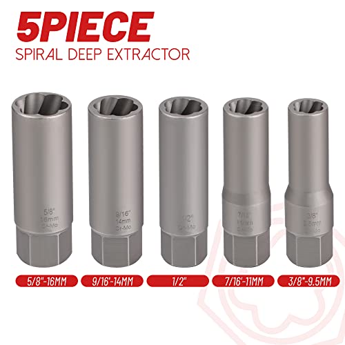 UYECOVE 5-Pcs Spiral Deep Bolt Extractor Set, Stripped Bolt Remover Lug Nut Extractor Set, Stripped Lug Nut Remover for Broken Damaged Rounded-Off Bolts, Nuts, Bolts, Studs, Threaded Tubes - Image 5