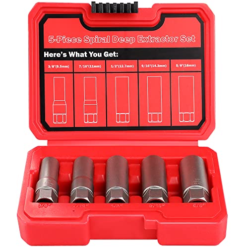 UYECOVE 5-Pcs Spiral Deep Bolt Extractor Set, Stripped Bolt Remover Lug Nut Extractor Set, Stripped Lug Nut Remover for Broken Damaged Rounded-Off Bolts, Nuts, Bolts, Studs, Threaded Tubes - Image 1
