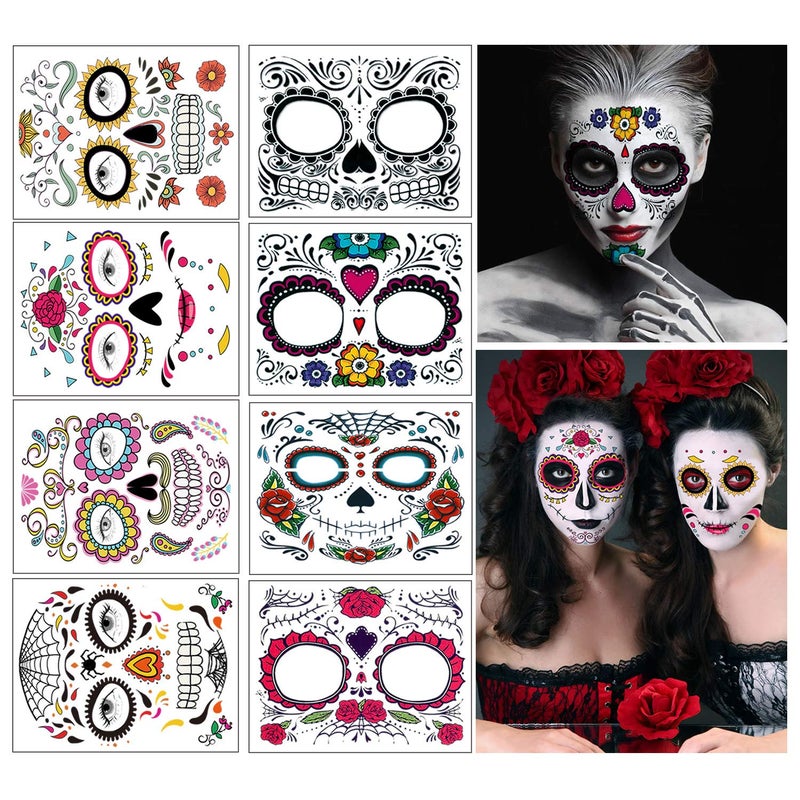 Dream Loom Temporary Face Tattoo 8 Kits Tattoos Sugar Skull Stickers Day of The Dead Makeup Face Tattoo Rose Design for Halloween Masquerade and Parties