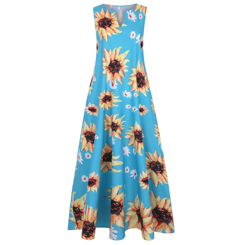 Fashion Sunflower Print Sleeveless Maxi Dress - Image 2