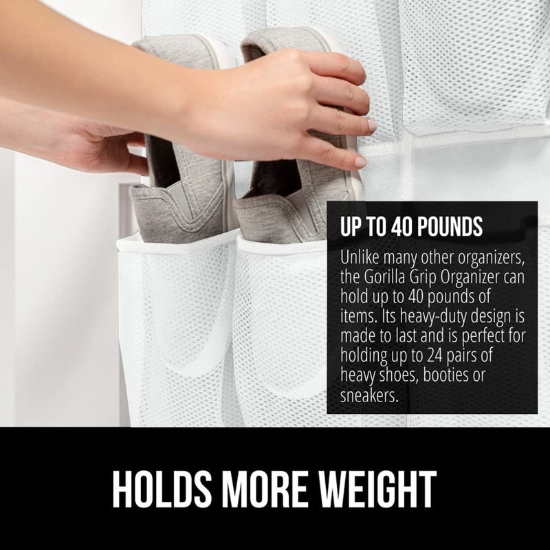 GORILLA GRIP Over the Door Shoe Organizer, 24 Large Breathable Mesh Pockets, Space Saving Hanging Storage Holder, Closet Rack Hanger Holds Up to 40 lbs, Hangs on Closets for Shoes, Accessories, White - Image 3