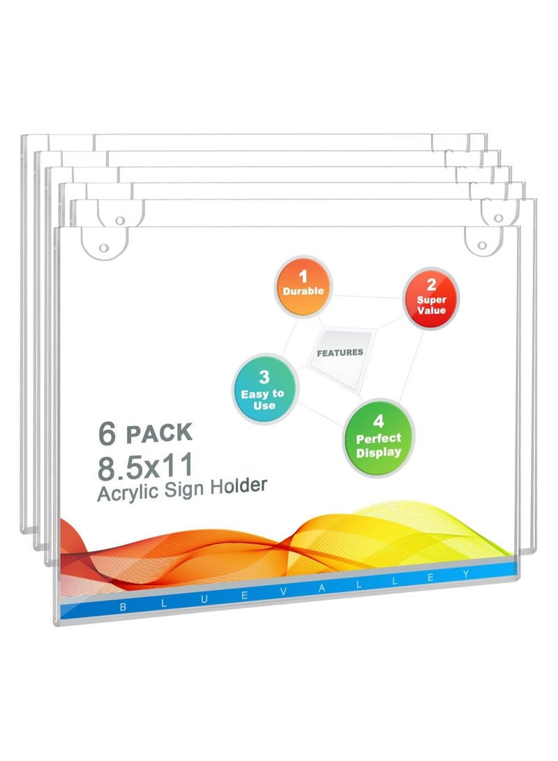 Slasa SLASA 6 Pack Clear Acrylic Sign Holder 8.5 x 11 – Horizontal Wall Mount Plexiglass Poster Frame with Adhesive Tape & Screws – Paper Display Holder - Image 1