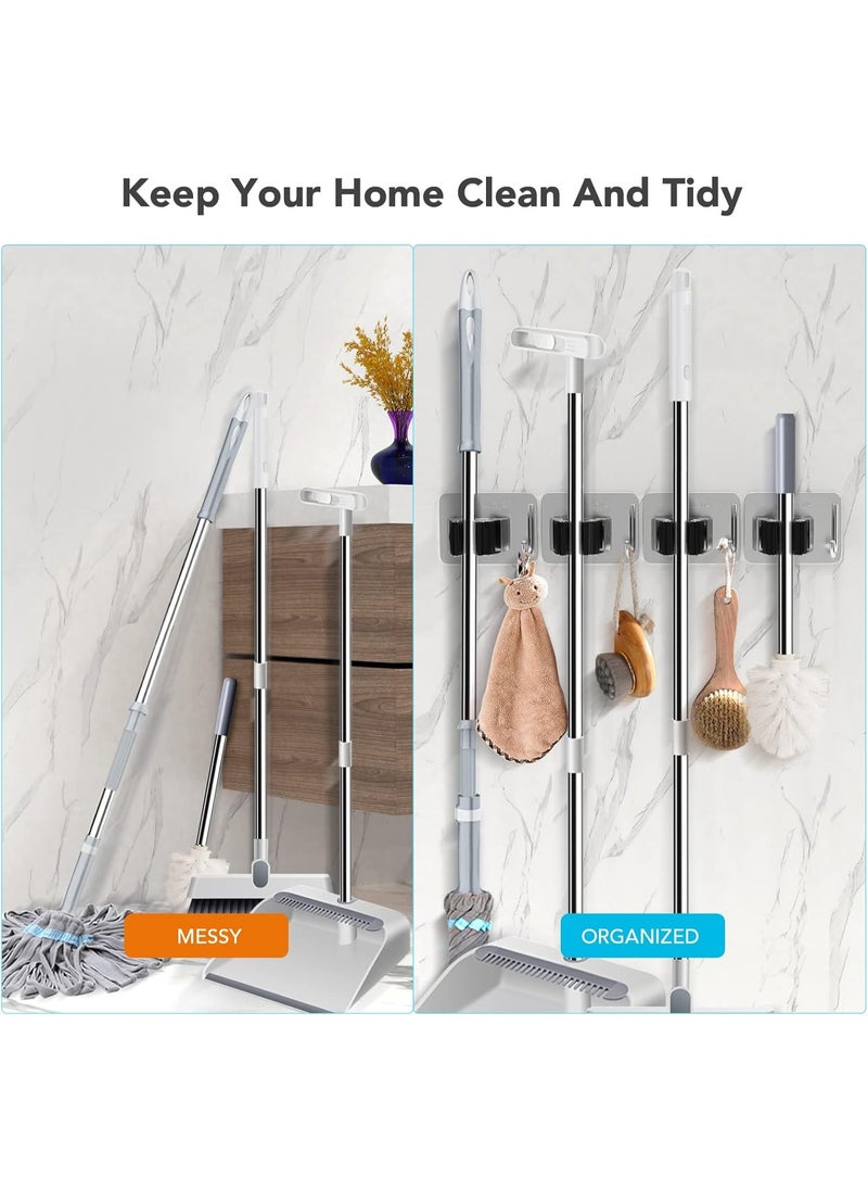 Meetion Mop Broom Holder No Drill, Mop Broom Organizer Wall Mounted Heavy Duty with Hooks Hanger, Self Adhesive Stainless Steel 4Pcs for Bathroom, Kitchen, Office (Silver-Black)  - Image 3
