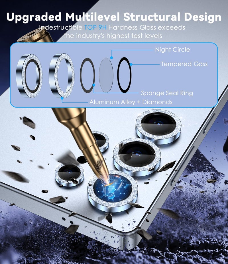 CloudValley for Samsung Galaxy S25 Ultra Camera Lens Protector Bling, 9H Tempered Glass + Aluminum Alloy Lens Protective Ring [Glitter Decoration] Ultra-HD Tempered,Glitter Titanium Silverblue - Image 2