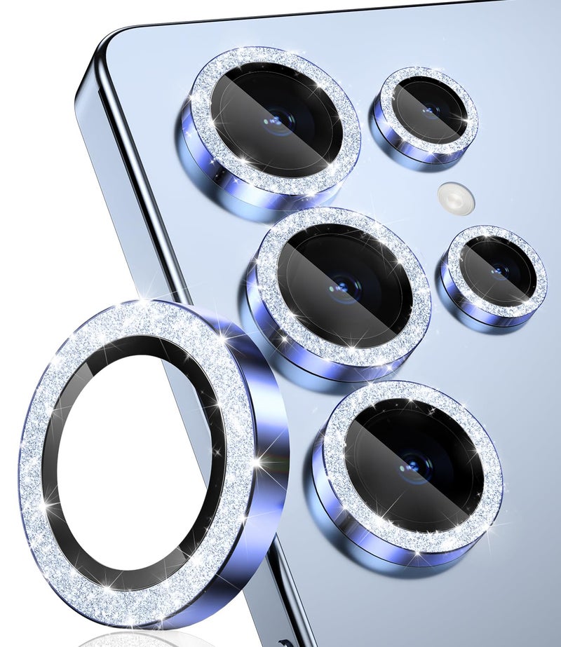CloudValley for Samsung Galaxy S25 Ultra Camera Lens Protector Bling, 9H Tempered Glass + Aluminum Alloy Lens Protective Ring [Glitter Decoration] Ultra-HD Tempered,Glitter Titanium Silverblue - Image 1