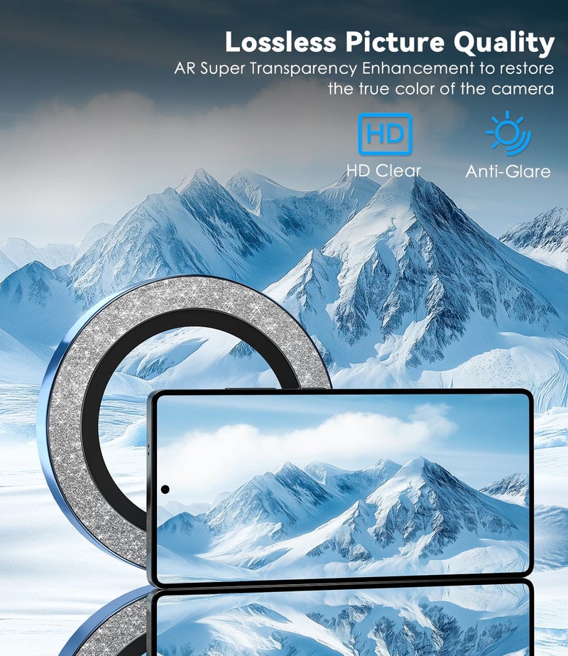 CloudValley for Samsung Galaxy S25 Ultra Camera Lens Protector Bling, 9H Tempered Glass + Aluminum Alloy Lens Protective Ring [Glitter Decoration] Ultra-HD Tempered,Glitter Titanium Silverblue - Image 5