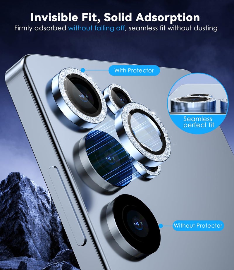 CloudValley for Samsung Galaxy S25 Ultra Camera Lens Protector Bling, 9H Tempered Glass + Aluminum Alloy Lens Protective Ring [Glitter Decoration] Ultra-HD Tempered,Glitter Titanium Silverblue - Image 4