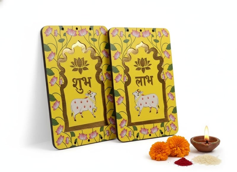 ProKart MDF 3 Inch Lotus & Cow Shubh Labh for Door Entrance | Cow Shubh Labh hangings for Puja Return Gifts | Decorative Hangings for Navratri & Diwali Décor (Lotus Cow - Yellow 1 Pair) - Image 2