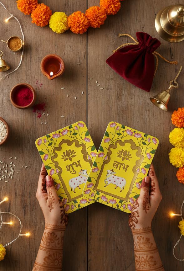 ProKart MDF 3 Inch Lotus & Cow Shubh Labh for Door Entrance | Cow Shubh Labh hangings for Puja Return Gifts | Decorative Hangings for Navratri & Diwali Décor (Lotus Cow - Yellow 1 Pair) - Image 3