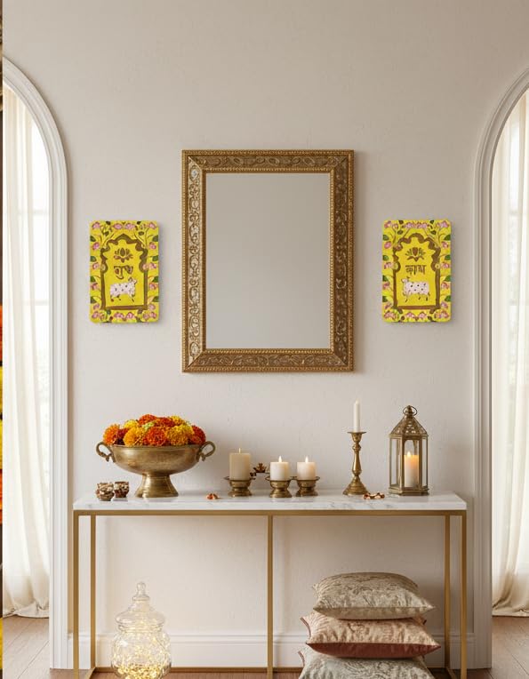 ProKart MDF 3 Inch Lotus & Cow Shubh Labh for Door Entrance | Cow Shubh Labh hangings for Puja Return Gifts | Decorative Hangings for Navratri & Diwali Décor (Lotus Cow - Yellow 1 Pair) - Image 4