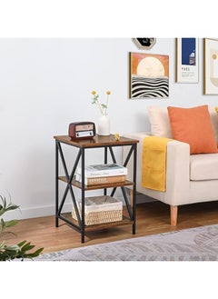 Sofa side table with 3 open storage shelves, metal frame, X design