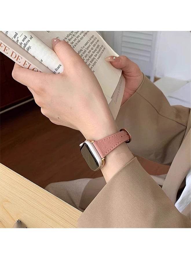 Leather Strap for Apple Watches, Compatible with Apple Watch Band 42mm 44mm 45mm 46mm 49mm Women, Top Grain Genuine Leather Strap Thin Watch Wristband for iWatch Series10 9 8 7 6 5 4 3 2 1 SE Ultra 2 ,Pink - Image 2
