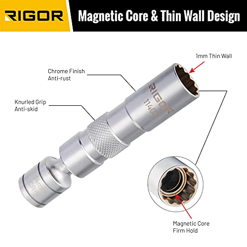 Rigor رَيجور 11401 مقبس شمعات الإشعال دوار 14 مم، جدار رقيق، مغناطيسي | 3/8 بوصة درايف، 12 نقطة | فولاذ CR-V ممتاز - Image 3