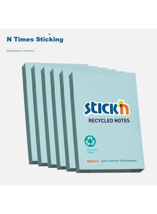 Stickn (Stickn) 6-Pack Eco-Friendly Recycled Paper Sticky Notes/ Memo Pads/ Sticky Notes/ Note Pads 76*51Mm 600 Sheets Blue 36503-J6 - Image 2