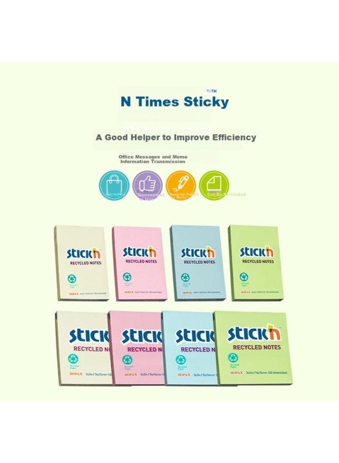Stickn (Stickn) 6-Pack Eco-Friendly Recycled Paper Sticky Notes/ Memo Pads/ Sticky Notes/ Note Pads 76*51Mm 600 Sheets Blue 36503-J6 - Image 1