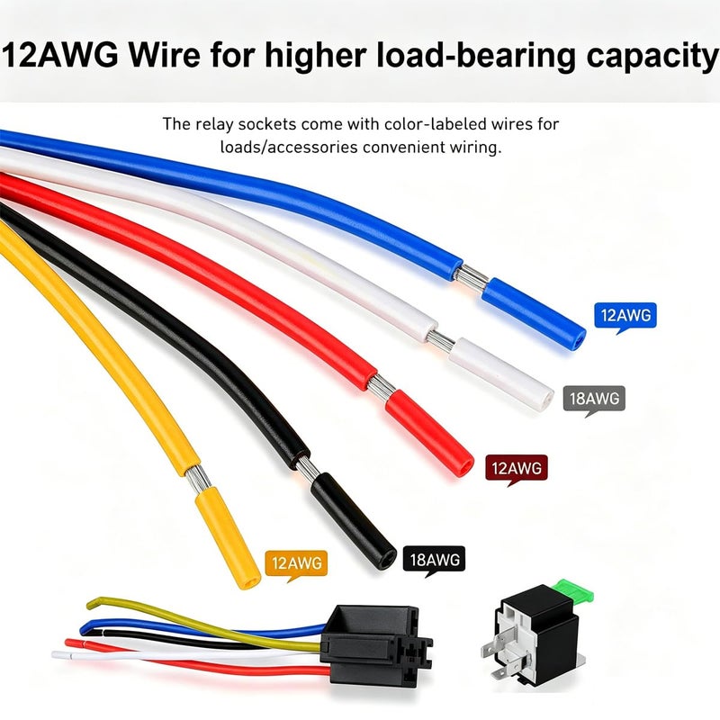 Gebildet مجموعة جيبيلدت المكونة من 3 قطع من مرحل الصمامات بجهد 12 فولت مع مجموعة أسلاك 12 AWG مزودة بصمام ثنائي مدمج - صمام شفرة ATO/ATC بقدرة 30 أمبير، مرحلات كهربائية للسيارات من نوع SPDT بخمسة أطراف. - Image 4