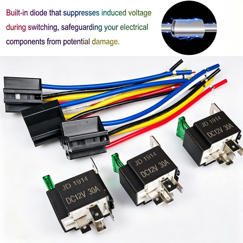 Gebildet مجموعة جيبيلدت المكونة من 3 قطع من مرحل الصمامات بجهد 12 فولت مع مجموعة أسلاك 12 AWG مزودة بصمام ثنائي مدمج - صمام شفرة ATO/ATC بقدرة 30 أمبير، مرحلات كهربائية للسيارات من نوع SPDT بخمسة أطراف. - Image 2