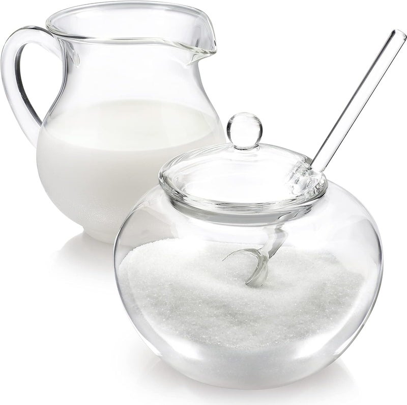 Teabloom Stain-free & Odor-free Borosilicate Glass Sugar and Creamer Set - Tea or Coffee Serving Set Includes Cream Pitcher, Sugar Bowl with Lid and Spoon (Serves up to 5-6 People) - Image 1
