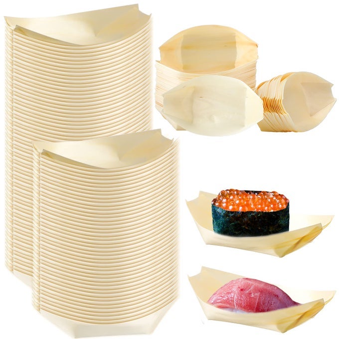 100 PCS BAMBOO BOAT PLATES BAMBOO APPETIZER BOATS 55 DISPOSABLE WOODEN CHARCUTERIE SMALL SUSHI SERVING TRAY FOR FOOD CATERING PARTY HOME USE