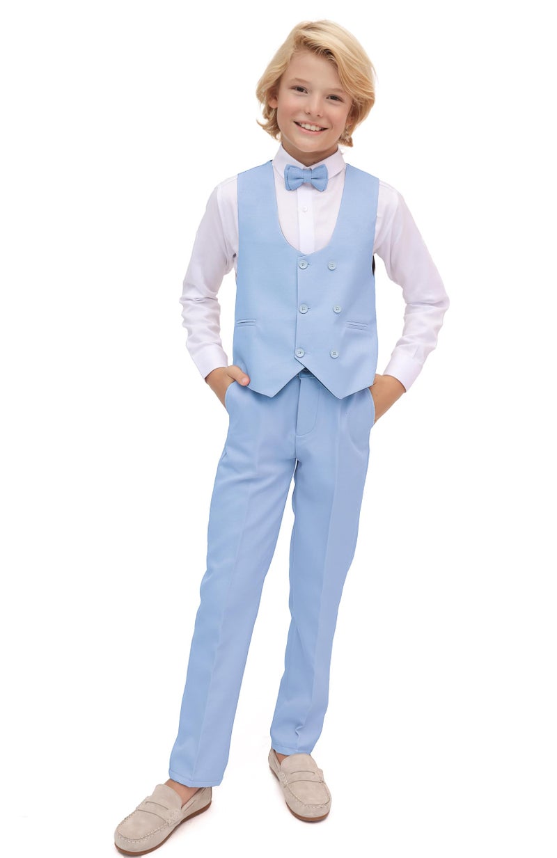 طقم بدلة للأطفال من ليلاكس للأولاد الصغار - بدلة رسمية مع سترة وقميص أبيض وبنطلون وقوس - طقم 4 قطع - 6 سنوات - أزرق فاتح