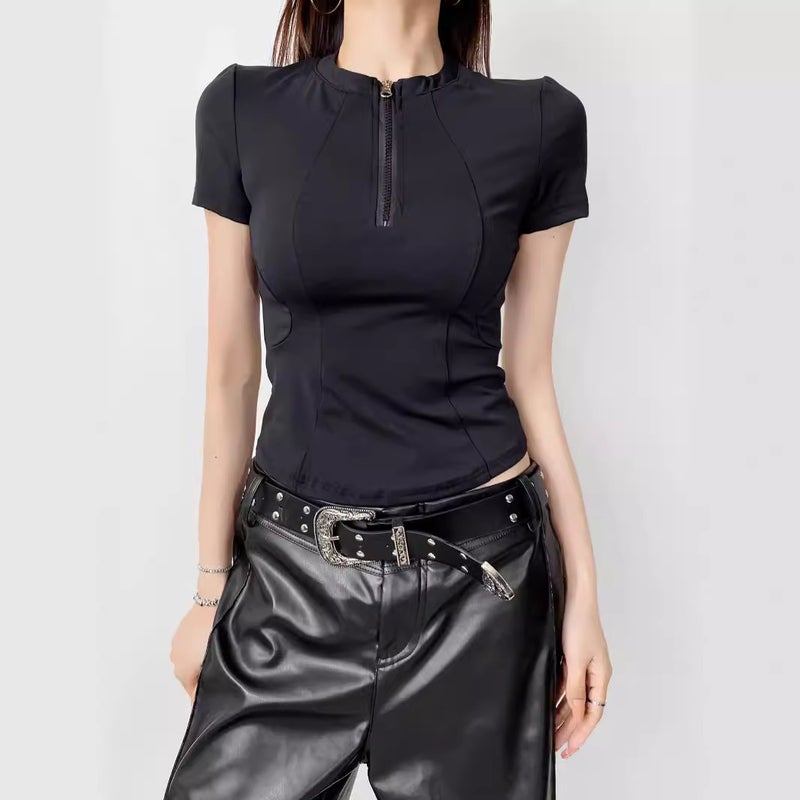 2024 Summer New Retro Half Zip Slim Yoga Casual Top American Sports Tight Short-sleeved T-shirt for Women Black  - Image 3