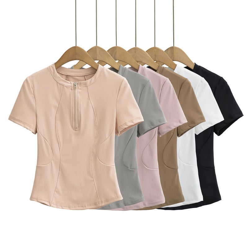 2024 Summer New Retro Half Zip Slim Yoga Casual Top American Sports Tight Short-sleeved T-shirt for Women Black  - Image 5
