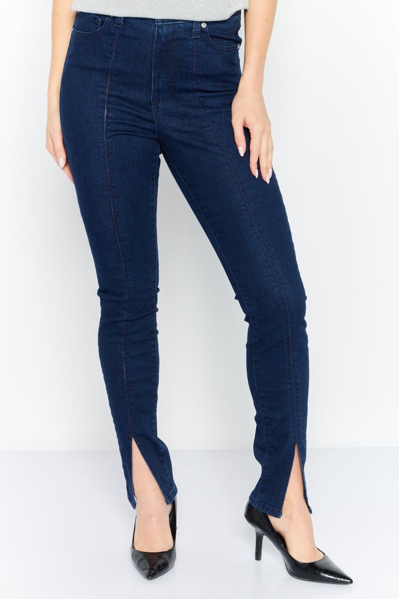 INC Women Skinny Fit High Rise Seamed Front Slit Stretchable Jeans, Dark Indigo - Image 1