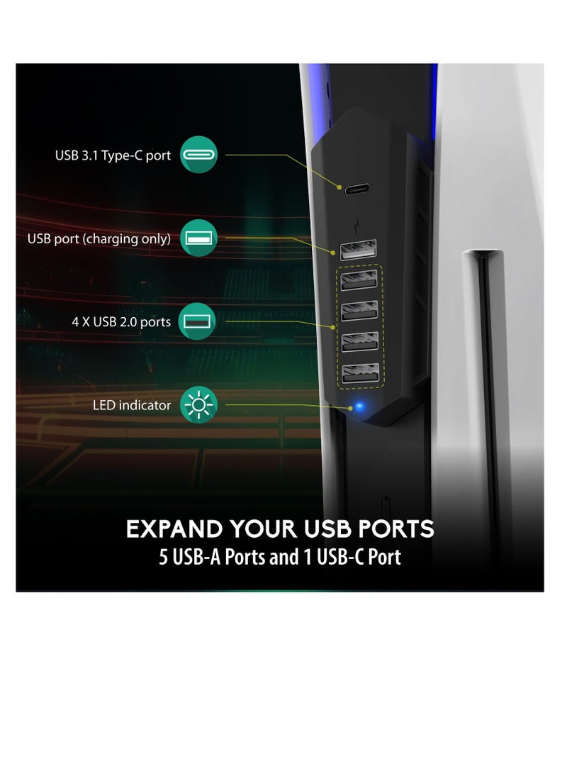 Excefore 5 Port USB Hub for PS5, 5 Port High-Speed USB Expansion Hub Extender Splitter Charger for Playstation 5 (Disc/Digital Edition),, 4 USB + 1 USB Charging + 1 Type C Port (NOT for 2023 PS5 Slim) - Image 3