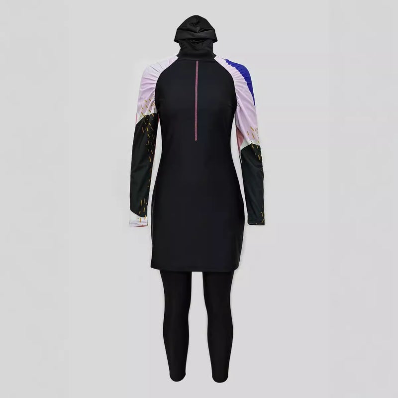Full-Cover Arab Surfing Swimsuit with Cap and Skirt pink black 